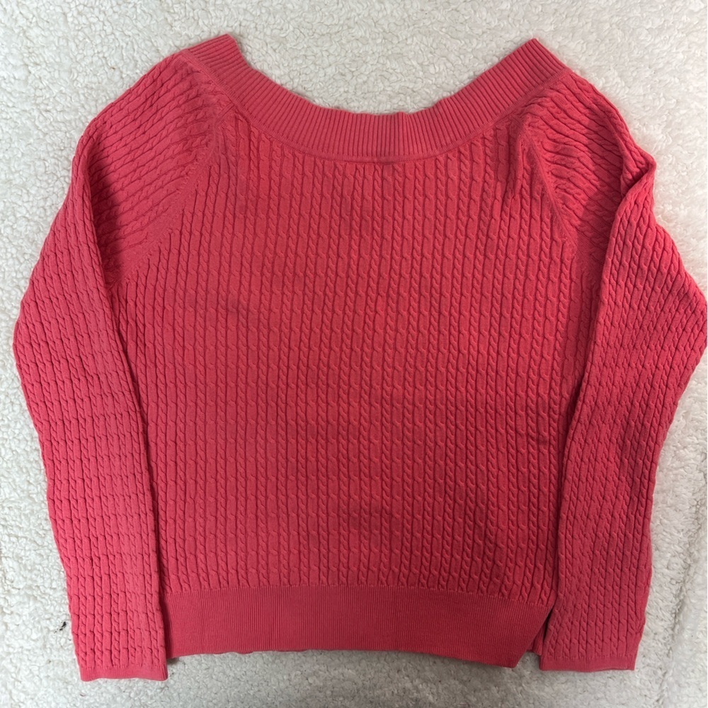 Talbots Coral/Pink Cable Knit V-Neck 3/4 Sleeve Sweater Size: XL - Picture 5 of 11